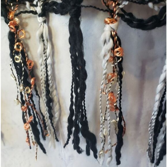 POPCORN KNIT Plaid Fringed Lightweight Scarf Orange Black White - Picture 4 of 5